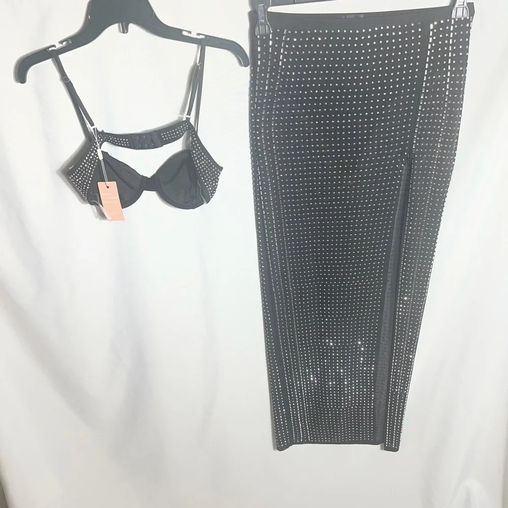 Hot & Delicious Rhinestone Crystal 2pc Set Black Maxi Skirt L NWT - Picture 3 of 11
